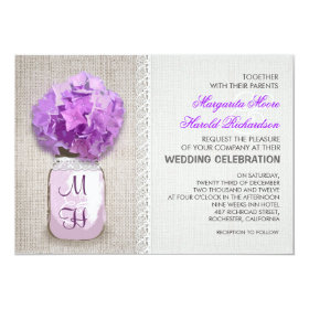 Rustic Burlap Mason Jar Purple Hydrangea Wedding 5x7 Paper Invitation Card