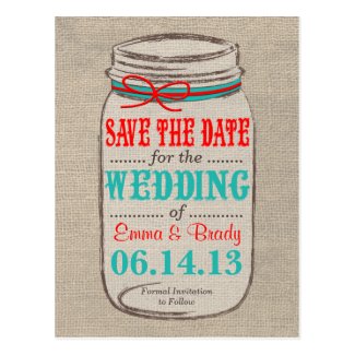 Rustic Burlap & Mason Jar Save the Date Postcard