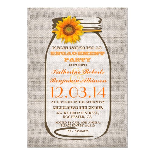 Rustic Burlap Mason Jar Sunflower Engagement Party Announcements