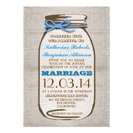 Rustic Burlap Mason Jar Wedding Custom Invites