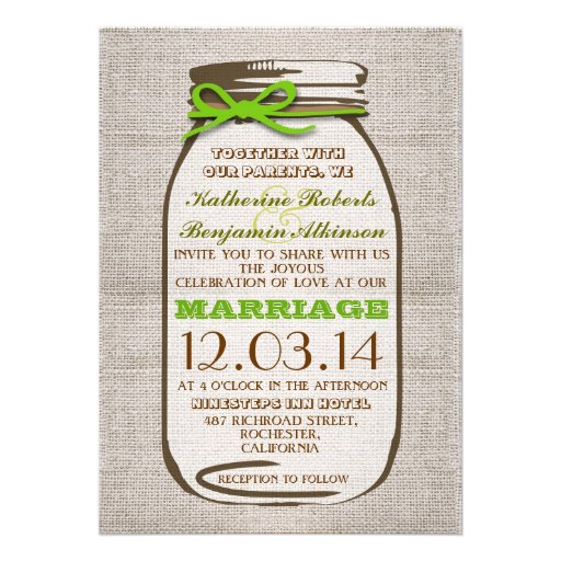 Rustic Burlap Mason Jar Wedding Personalized Invite