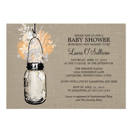 Rustic Burlap Mason Jar Wildflowers Baby Shower Custom Announcement