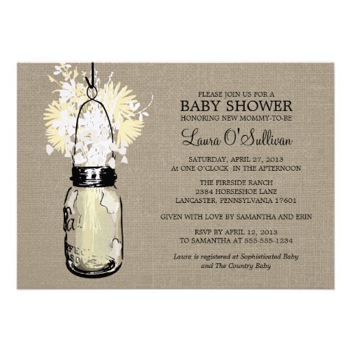 Rustic Burlap Mason Jar Wildflowers Baby Shower Custom Invitations