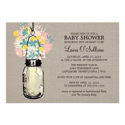 Rustic Burlap Mason Jar Wildflowers Baby Shower Announcement