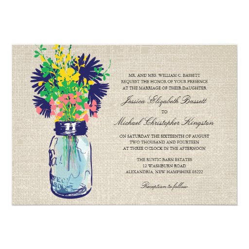Rustic Burlap Mason Jar Wildflowers Wedding Personalized Invitation (front side)