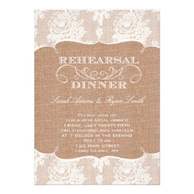 Rustic Burlap Print & Lace Rehearsal Dinner Personalized Invitation