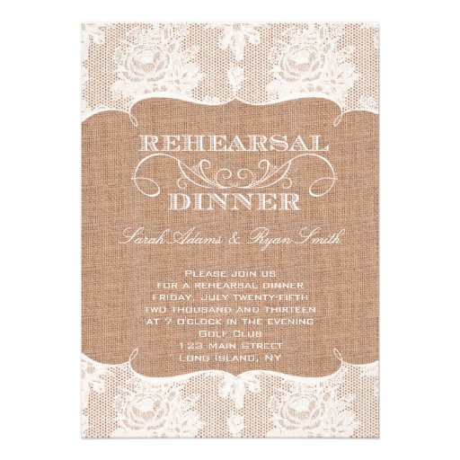 Rustic Burlap Print & Lace Rehearsal Dinner Personalized Invitation