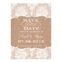 Rustic Burlap Print & Lace Save the Date invitations