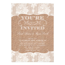 Rustic Burlap Print & Lace Wedding Invitation invitations