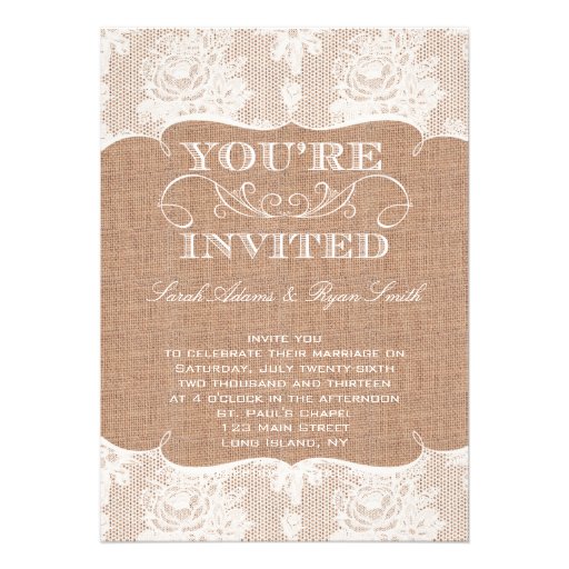 Rustic Burlap Print & Lace Wedding Invitation