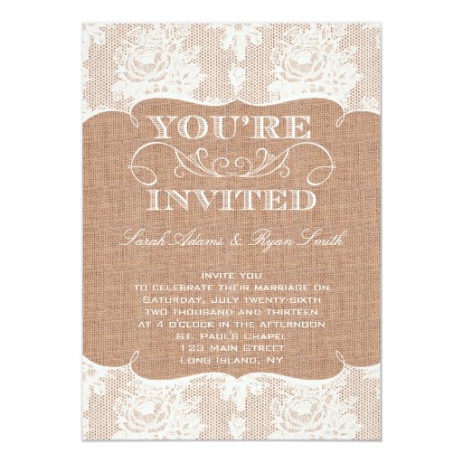 Rustic Burlap Print &amp; Lace Wedding Invitation | Zazzle