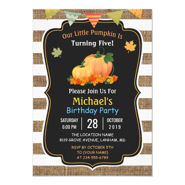 Rustic Burlap Pumpkin Fall Kid's Birthday Party Card (front side)
