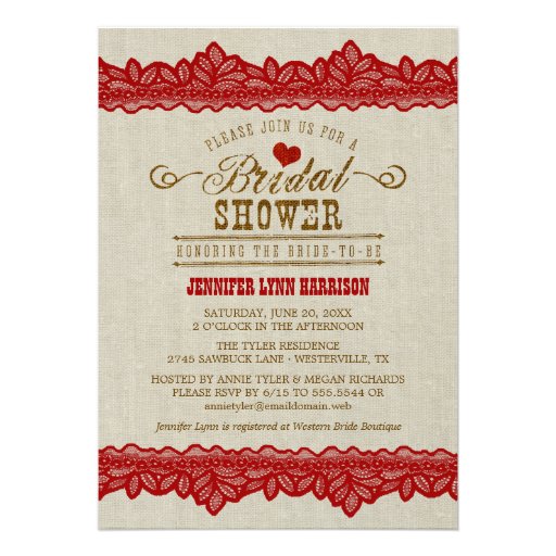 Rustic Burlap & Red Lace Bridal Shower Invitation