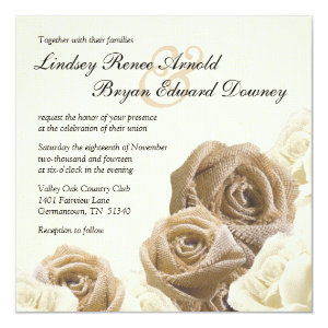 Rustic Burlap Rose Flowers Wedding Invitation 5.25