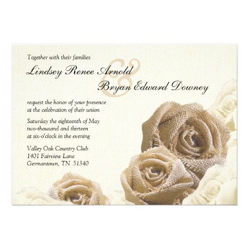 Rustic Burlap Rose Flowers Wedding Invitation