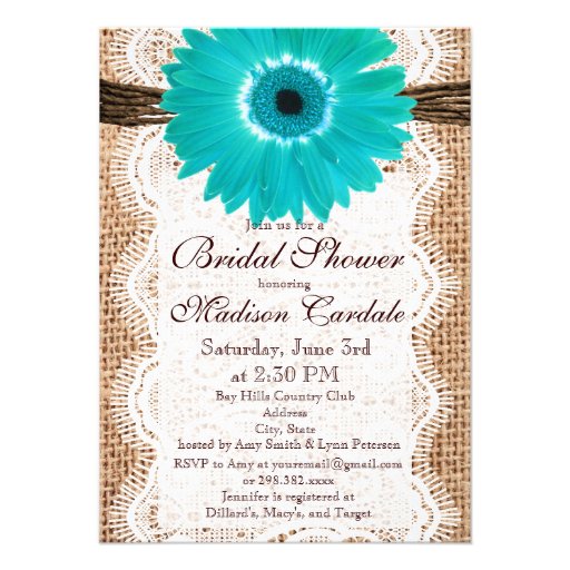 Rustic Burlap Teal Daisy Bridal Shower Invitations