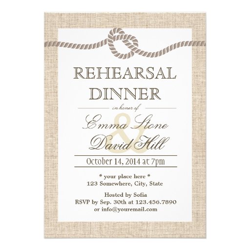 Rustic Burlap Tying the Knot Rehearsal Dinner Invitations (front side)