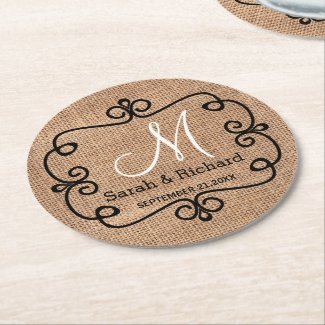 Rustic Burlap Wedding Monogram Round Paper Coaster