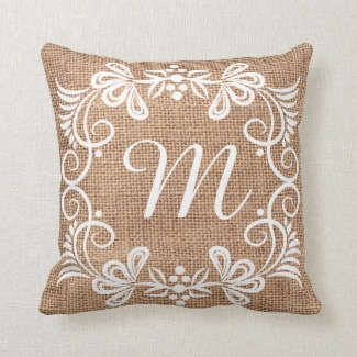 Rustic Burlap White Floral Pattern Custom Monogram