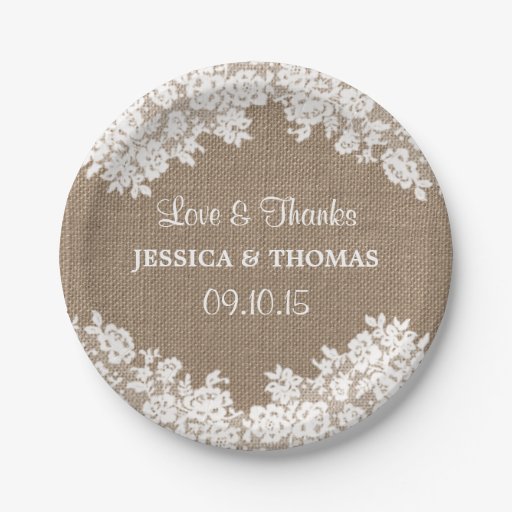 Rustic Burlap & White Lace Wedding Paper Plates Zazzle