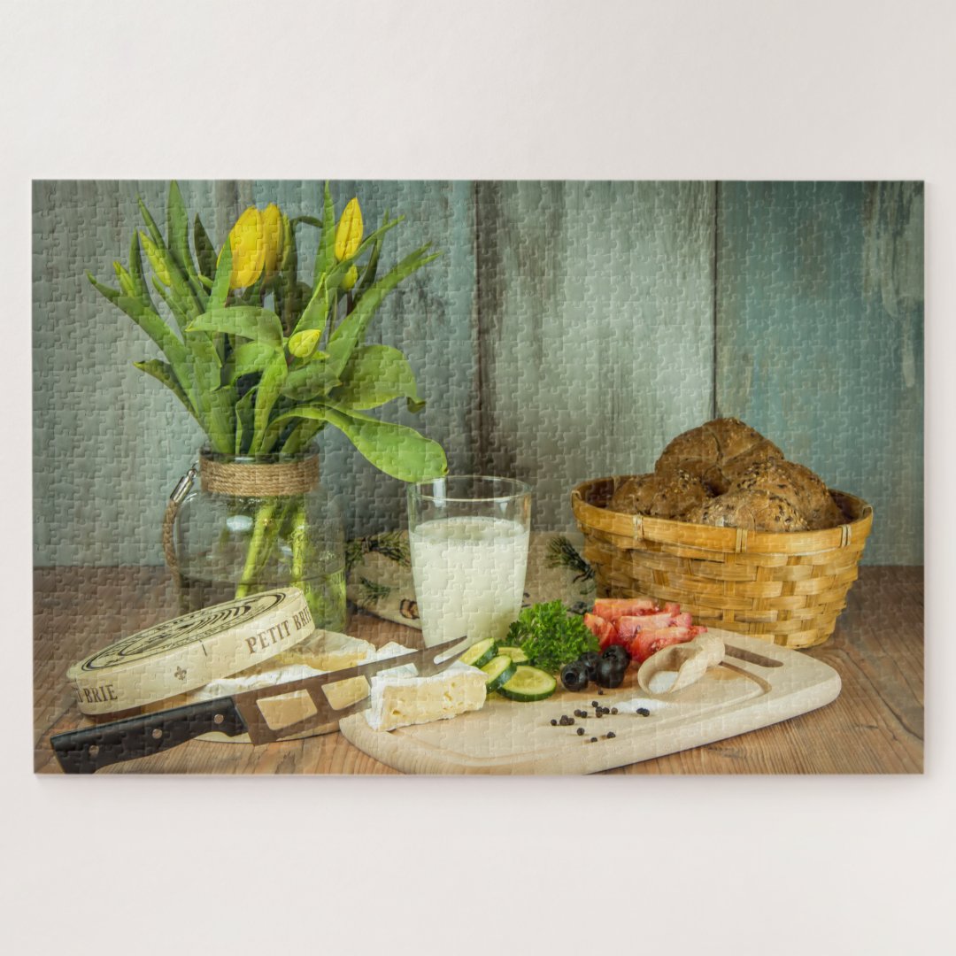 Rustic Cheese Bread Food Tulip Flowers Jigsaw Puzzle Zazzle