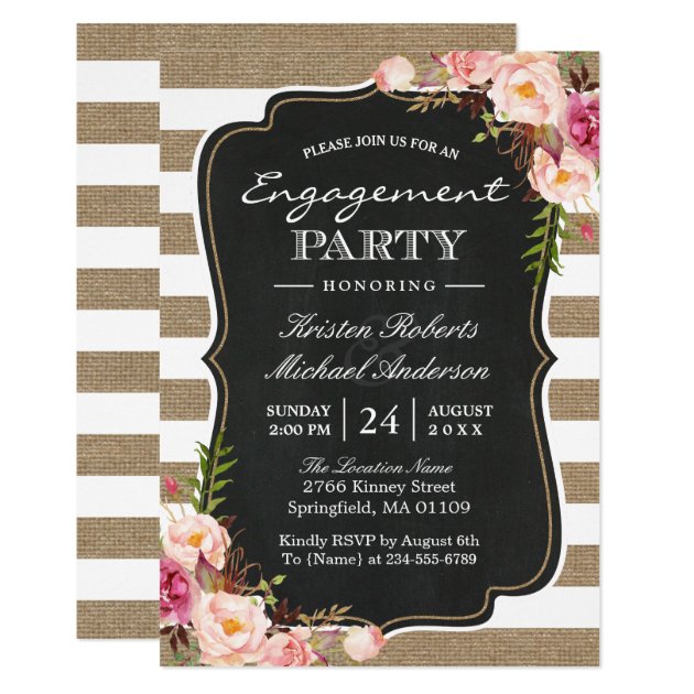 Rustic Chic Burlap Stripes Floral Engagement Party Card (front side)