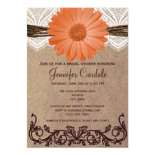 Rustic Coral Peach Flower Bridal Shower Invitation (front side)