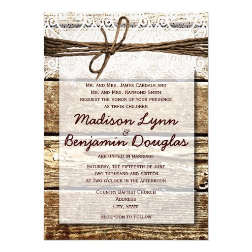 Rustic Country Barn Wood Lace Wedding Invitations