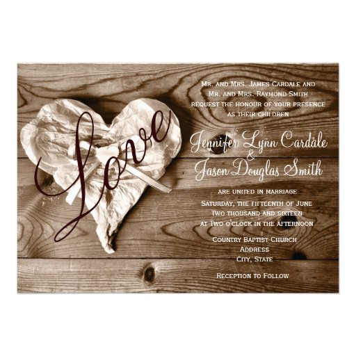 Rustic Country Barn Wood Love Heart Wedding Invite (front side)