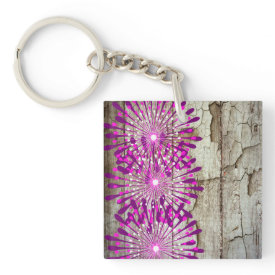 Rustic Country Barn Wood Pink Purple Flowers Acrylic Key Chain