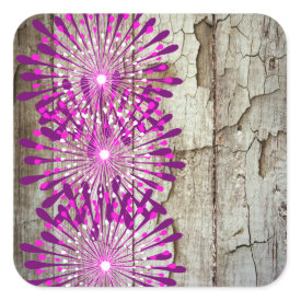 Rustic Country Barn Wood Pink Purple Flowers Square Stickers