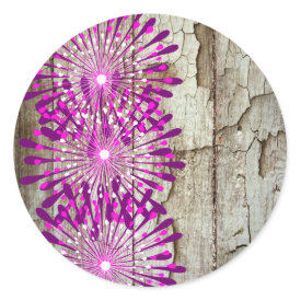 Rustic Country Barn Wood Pink Purple Flowers Round Sticker