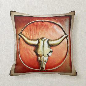 Rustic Country Bull Horns Faux Leather Design Pillow