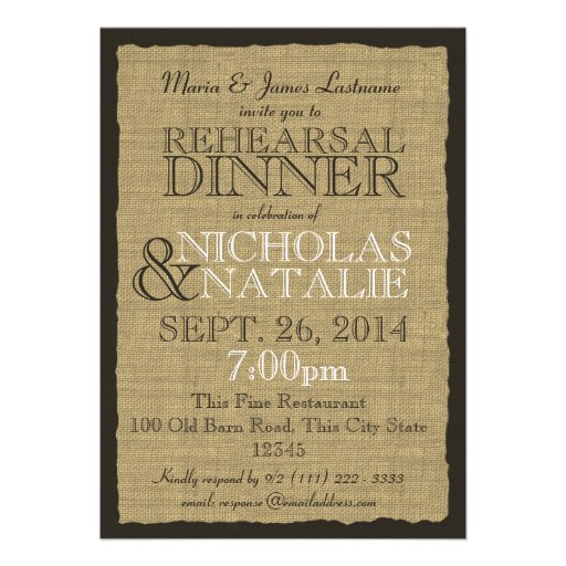 Rustic Country Burlap 5x7 Rehearsal Dinner Personalized Announcements