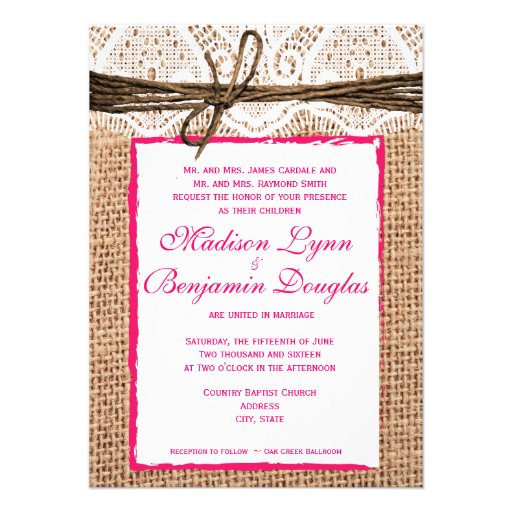 Rustic Country Burlap Lace Pink Wedding Invitation