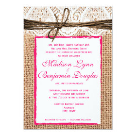 Rustic Country Burlap Lace Pink Wedding Invitation 4.5