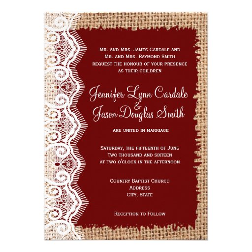 Rustic Country Burlap Lace Red Wedding Invitations