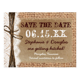 Rustic Country Burlap Lace Save the Date Postcards