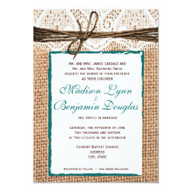 Rustic Country Burlap Lace Teal Wedding Invitation 4.5