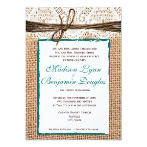 Rustic Country Burlap Lace Teal Wedding Invitation