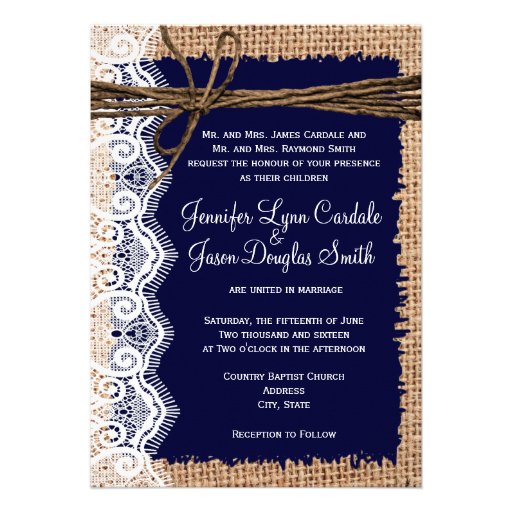Rustic Country Burlap Lace Twine Wedding Invites (front side)