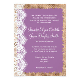 Rustic Country Burlap Purple Wedding Invitations 4.5