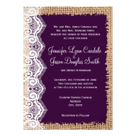 Rustic Country Burlap Purple Wedding Invitations Custom Invites