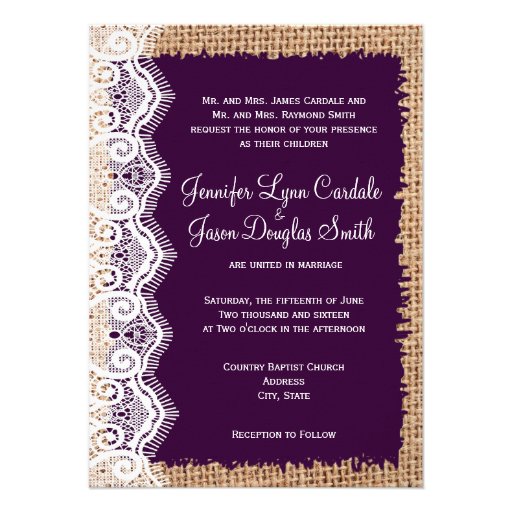Rustic Country Burlap Purple Wedding Invitations