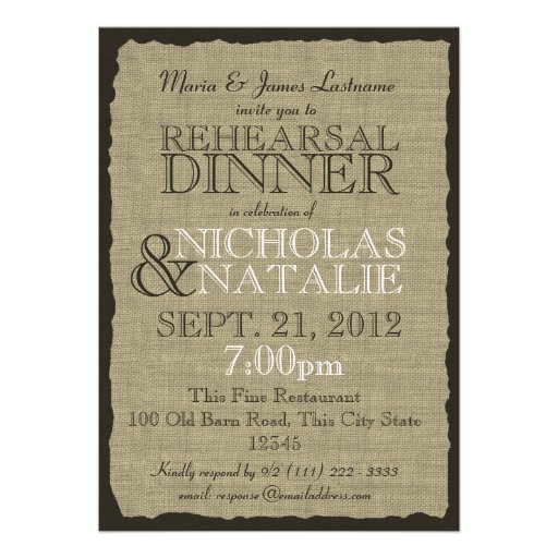 Rustic Country Burlap Rehearsal Dinner Announcements
