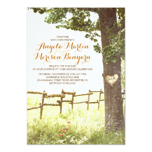 rustic country heart tree wedding invitation custom announcement