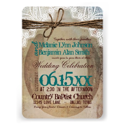 Rustic Country Horseshoe Teal Wedding Invitations