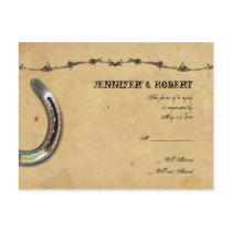 Rustic Country Horseshoes Barbed Wedding RSVP Postcard