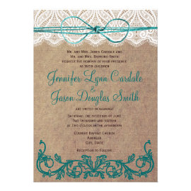Rustic Country Lace Brown Teal Wedding Invitations