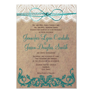 Rustic Country Lace Brown Teal Wedding Invitations 5